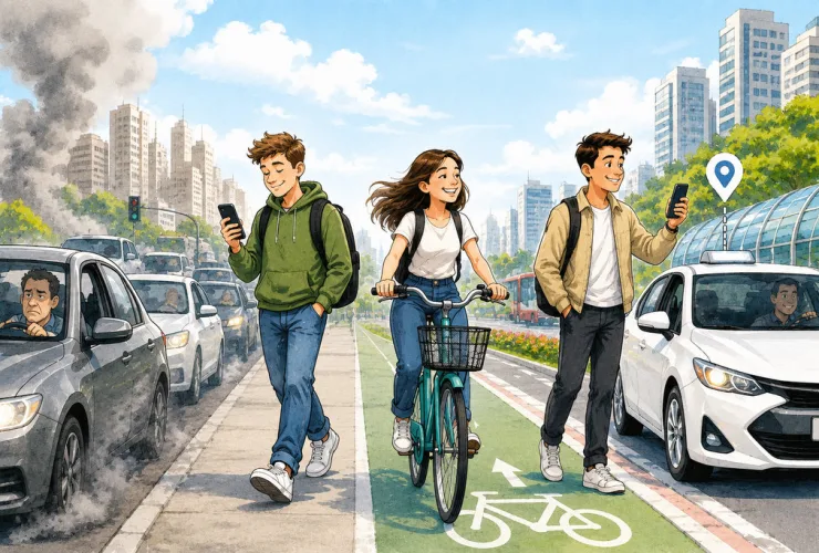 Jovens em área urbana de Curitiba utilizando bicicleta, aplicativo de transporte e caminhando, enquanto carros aparecem em segundo plano.