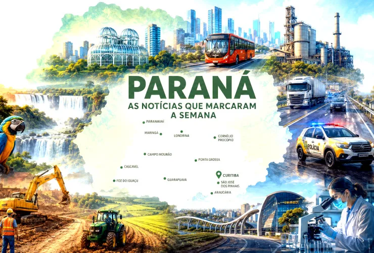 Mapa ilustrado do Paraná destacando as principais notícias da semana nas dez maiores cidades.