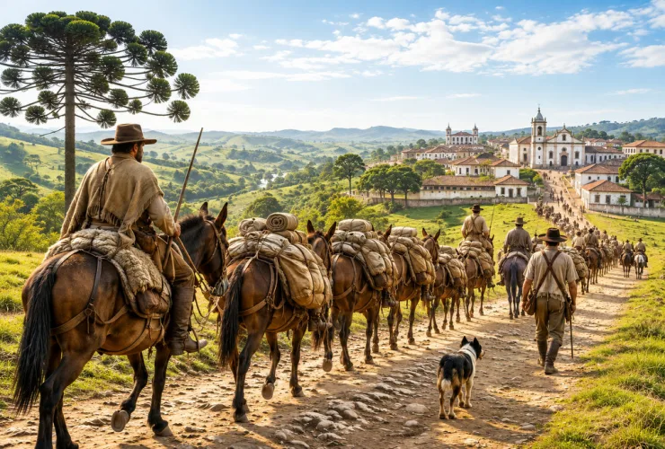 Representação dos tropeiros conduzindo uma tropa de mulas por campos do Paraná durante o século XVIII, com uma vila surgindo ao fundo.