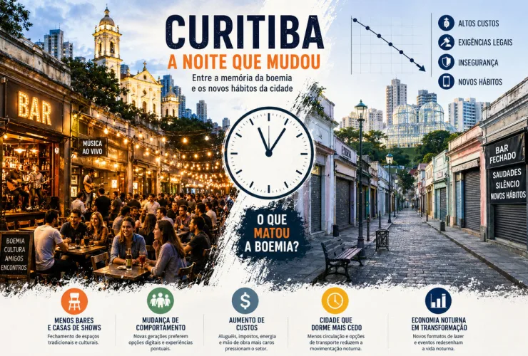 Vista noturna estilizada de Curitiba mostrando o contraste entre uma boemia movimentada do passado e ruas silenciosas da atualidade.