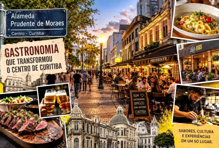 Restaurantes da Alameda Prudente de Moraes com mesas nas calçadas e intenso movimento gastronômico no Centro de Curitiba.