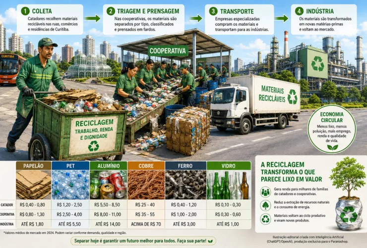 Ilustração mostrando a cadeia da reciclagem em Curitiba, do catador de materiais recicláveis às cooperativas e indústrias de transformação.