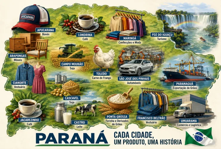 Mapa ilustrado do Paraná destacando as principais atividades econômicas e os produtos símbolo de cada grande município, como bonés, móveis, automóveis, soja, café e o Porto de Paranaguá.