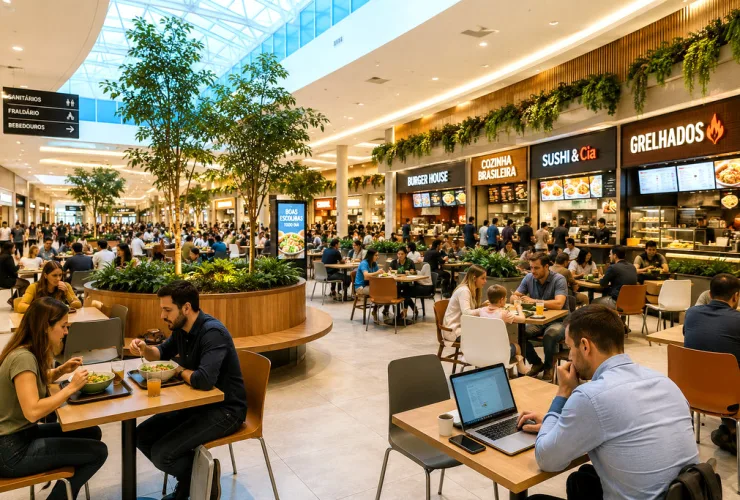 Praça de alimentação moderna de shopping center em Curitiba com diversos restaurantes, mesas ocupadas por famílias e ambiente amplo.