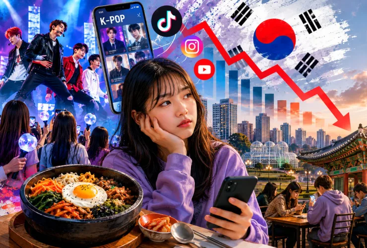 Ilustração editorial em estilo realista abstrato retrata a desaceleração da influência da cultura coreana em Curitiba. A composição reúne elementos como artistas de K-pop, símbolos das redes sociais, pratos típicos da culinária sul-coreana, a bandeira da Coreia do Sul e pontos turísticos da capital 