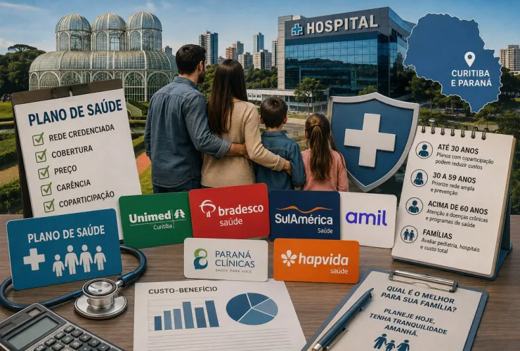 Família compara diferentes planos de saúde diante de um hospital moderno em Curitiba.