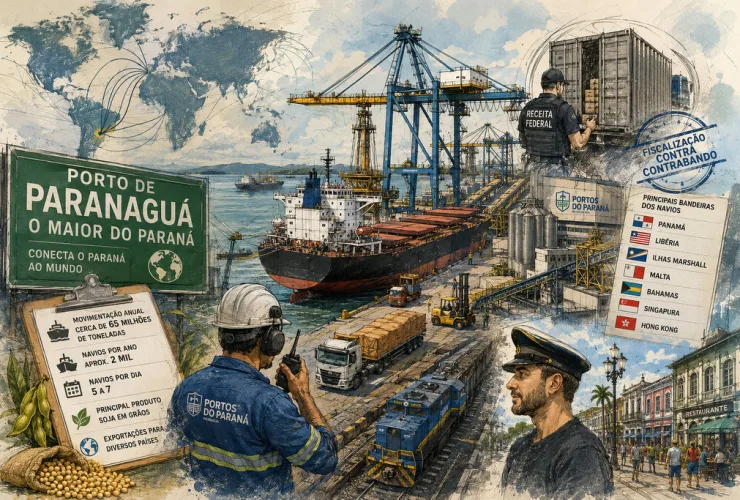 Vista panorâmica do Porto de Paranaguá com navios graneleiros, silos, guindastes e intensa movimentação de cargas.