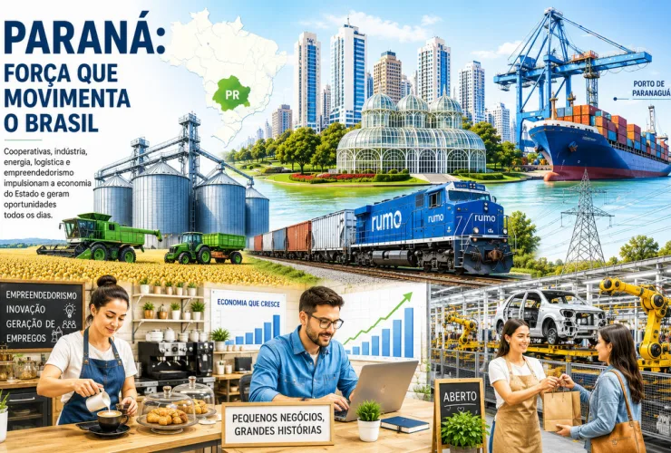 Vista panorâmica do Paraná com indústrias, cooperativas agrícolas, linhas de energia, porto e pequenos empreendedores representando a economia estadual.