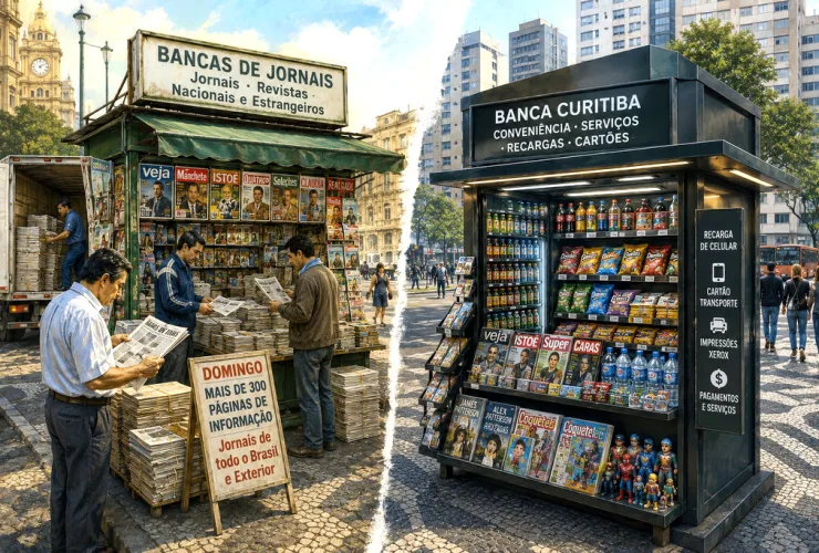 Banca de jornais em Curitiba mostrando a evolução entre os tempos de grande circulação de jornais impressos e o modelo atual com produtos diversificados.