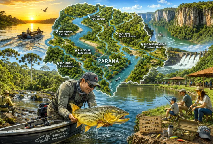 Pescadores em barco no Rio Paraná ao amanhecer praticando o pesque e solte, com paisagens naturais e diferentes cenários de pesca do Paraná ao fundo.