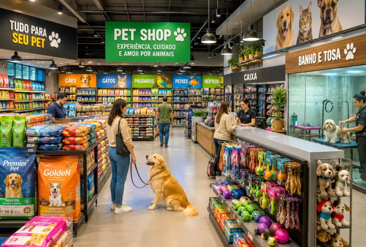 Interior de um grande pet shop em Curitiba com corredores de produtos, tutores e animais de estimação.