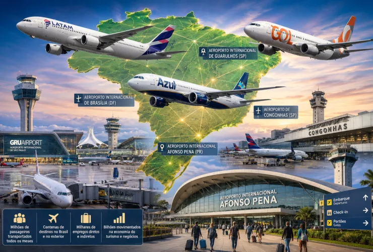 Aeronaves das principais companhias aéreas brasileiras sobrevoando o mapa do Brasil com os maiores aeroportos ao fundo.