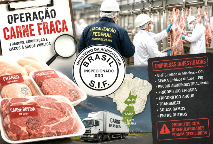 Fiscal sanitário inspeciona carnes embaladas em frigorífico durante operação de controle de qualidade.