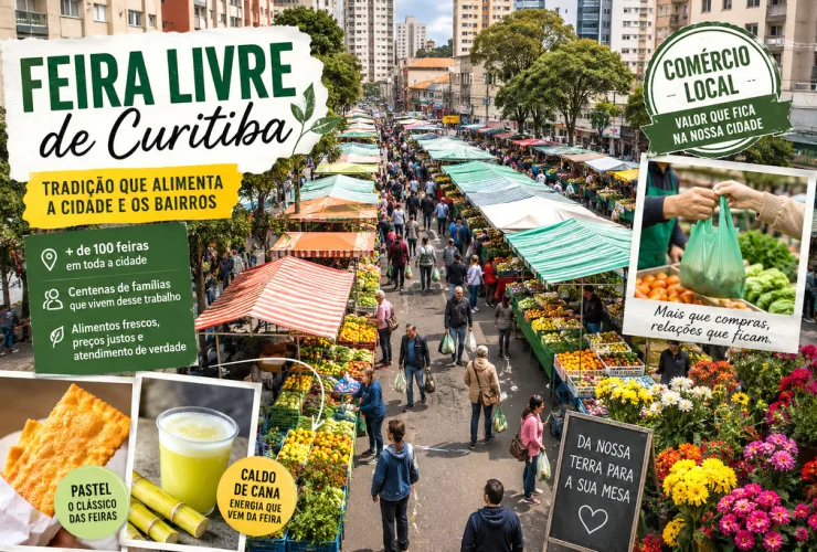 Feira livre de Curitiba com barracas de frutas, verduras, flores, pastel e consumidores circulando entre os corredores.
