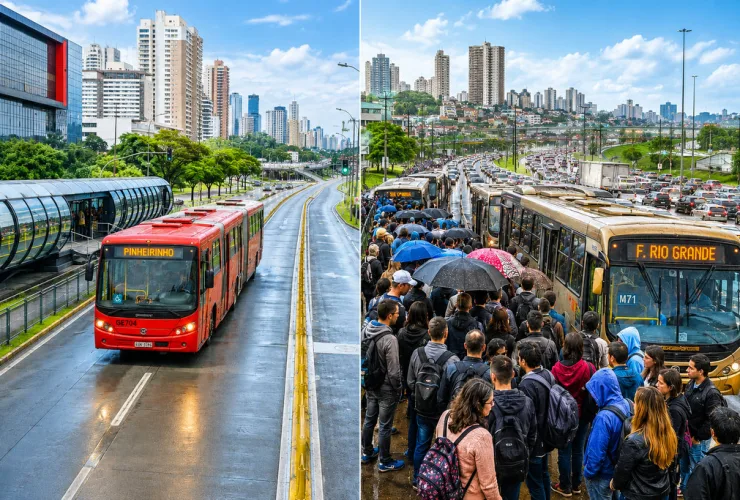 Ônibus metropolitanos circulam em corredor de transporte enquanto trabalhadores aguardam em um terminal, tendo ao fundo o horizonte urbano de Curitiba e intenso fluxo de veículos.
