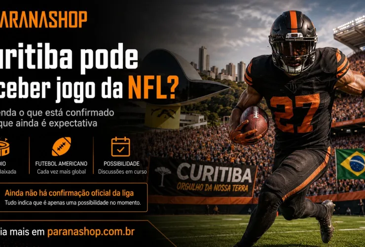 Estádio em Curitiba com bola de futebol americano e torcedores representando possibilidade de jogo da NFL no Brasil