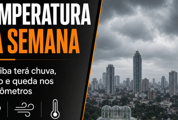 Curitiba com céu nublado, chuva e termômetro indicando queda de temperatura durante a semana