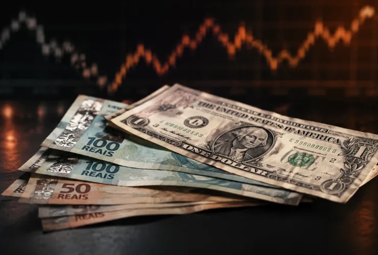 Notas de dólar e real representam as oscilações do mercado de câmbio