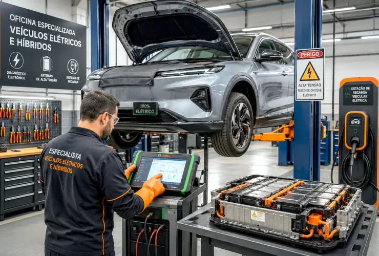 Mecânico realiza diagnóstico em carro elétrico em oficina especializada de Curitiba utilizando scanner automotivo.