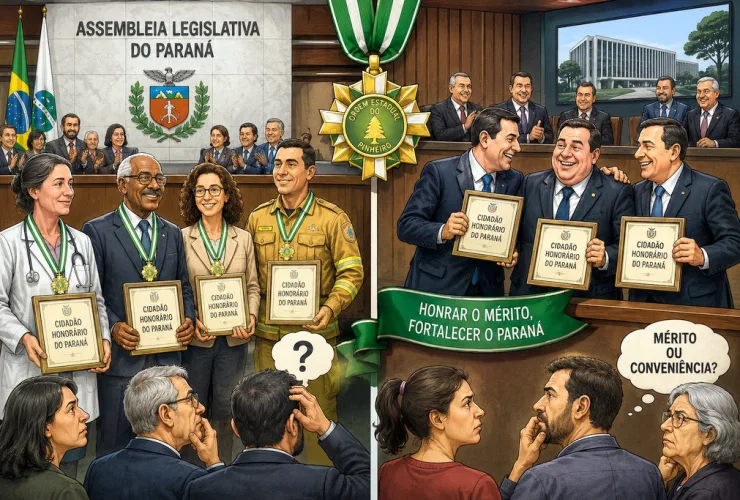 Ilustração de cerimônia oficial de entrega de título de cidadão honorário e medalhas do Paraná em sessão solene.