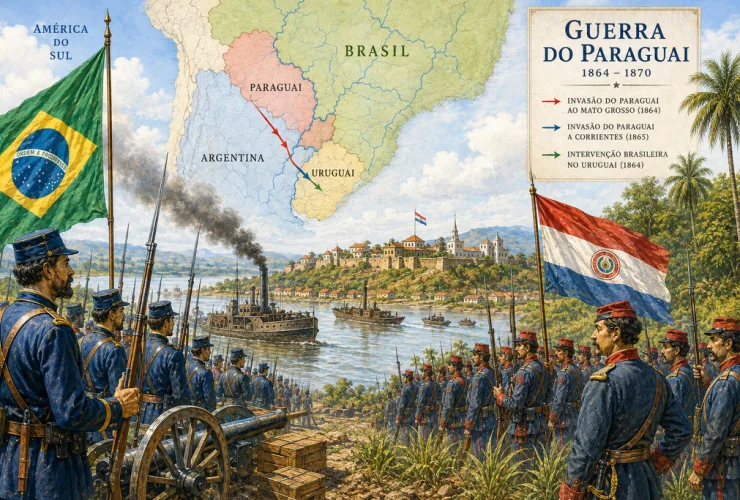 Ilustração editorial da Guerra do Paraguai mostrando tropas brasileiras e paraguaias na região do rio Paraguai no século XIX