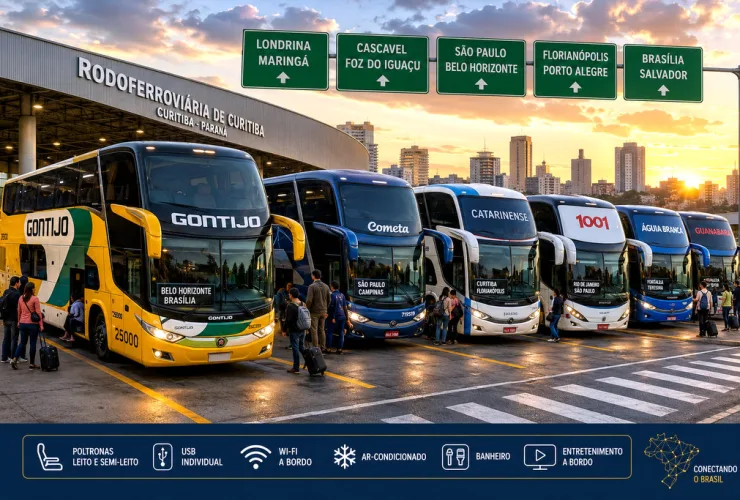 Ônibus interestaduais modernos das principais empresas brasileiras estacionados na Rodoferroviária de Curitiba.