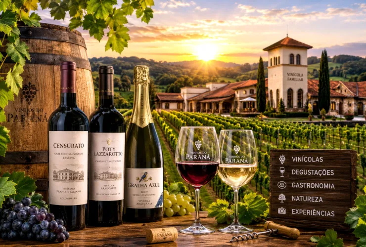 Vinhedo paranaense com fileiras de parreiras, barricas de madeira, taças de vinho e uma vinícola ao fundo em dia ensolarado.