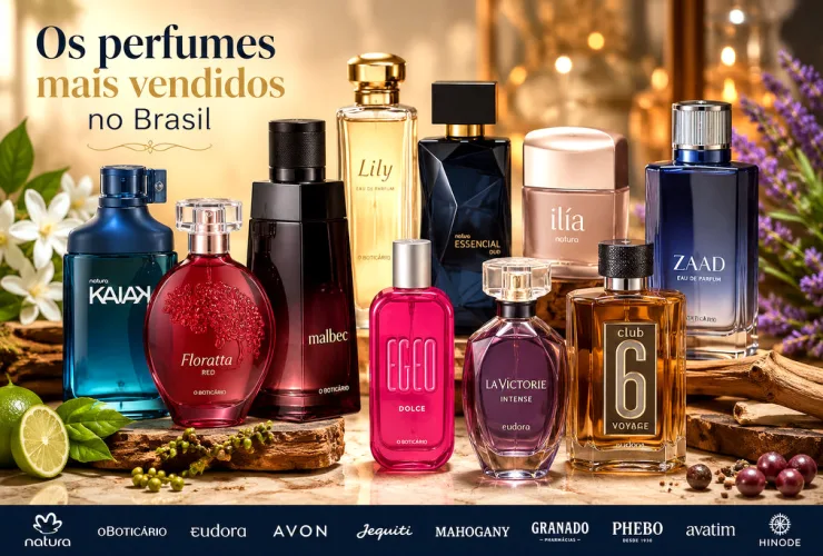 Frascos de perfumes nacionais e importados organizados sobre bancada elegante, representando os perfumes mais vendidos no Brasil.