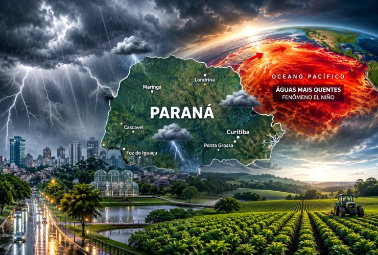 Mapa do Paraná sob chuva intensa com representação do aquecimento do Oceano Pacífico causado pelo El Niño.