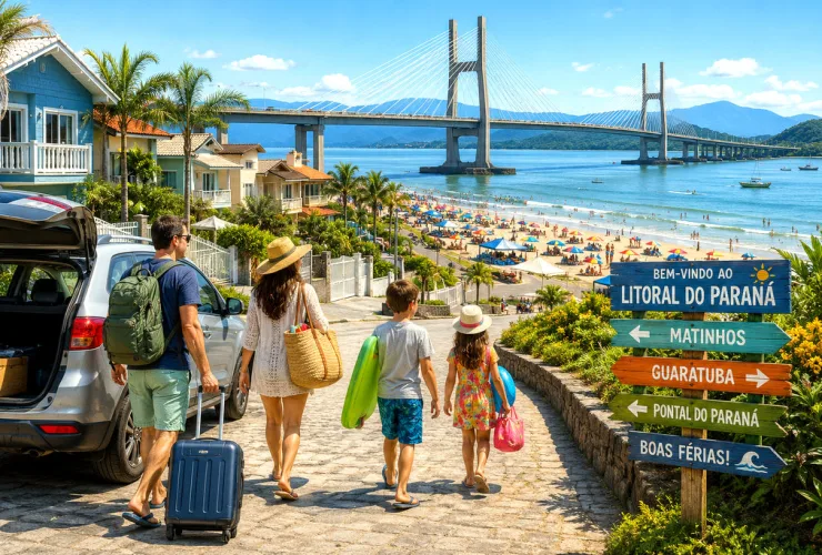 Vista do litoral paranaense com casas de temporada, turistas e a Ponte de Guaratuba ao fundo