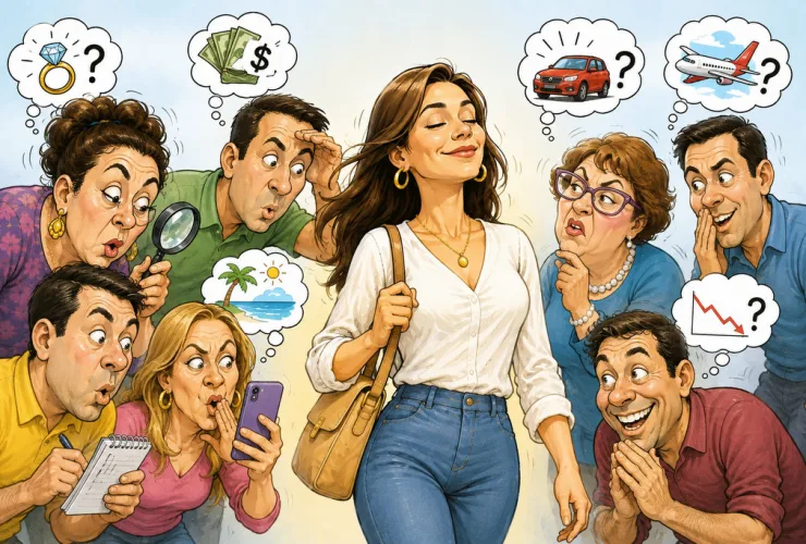 Ilustração editorial simbolizando inveja, mau-olhado, psicologia e fé cristã.