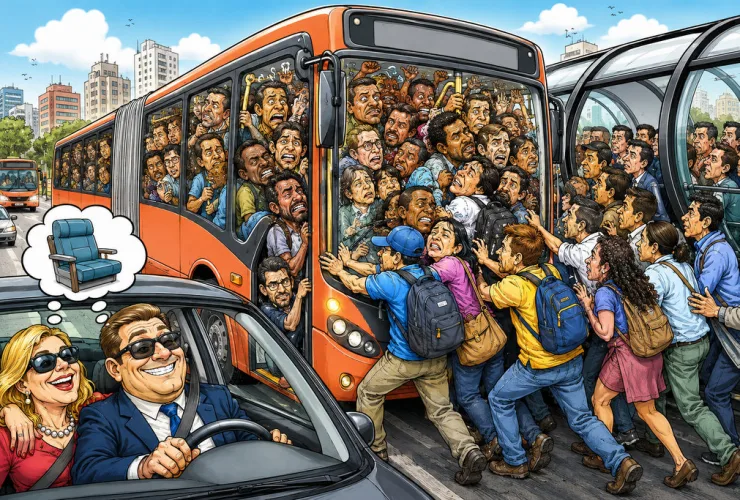 Ônibus biarticulado lotado em estação-tubo de Curitiba durante o horário de pico.