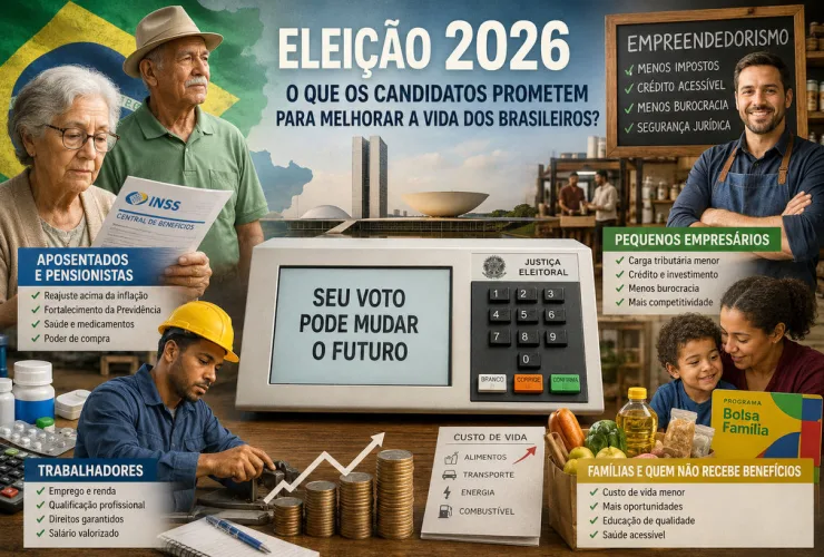 Urna eletrônica ao lado de elementos que representam aposentados, trabalhadores, pequenos empresários e famílias brasileiras na eleição de 2026.