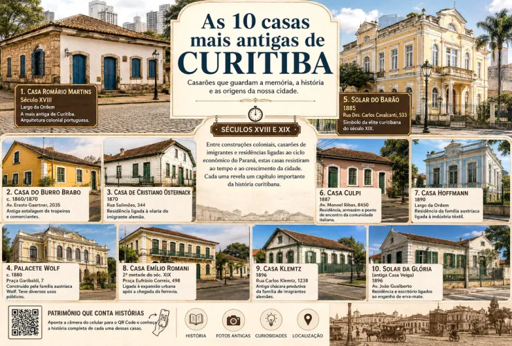 Casarões históricos de Curitiba que preservam a arquitetura e a memória da cidade desde o século XVIII.