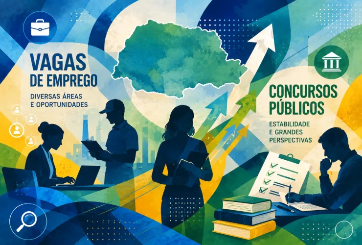 Trabalhadores de diferentes áreas representam as vagas de emprego e concursos públicos disponíveis no Paraná em agosto de 2026