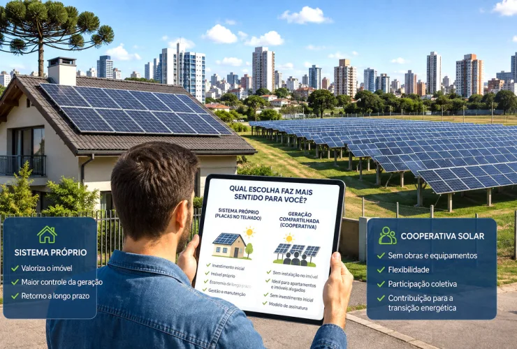 Comparação entre instalação de painéis solares em residência e participação em cooperativa de energia solar.