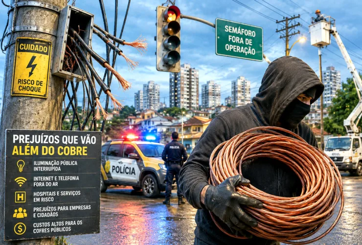 Ilustração de poste com fios furtados e criminoso transportando cabos de cobre, representando os impactos do roubo de fios nas cidades do Paraná.