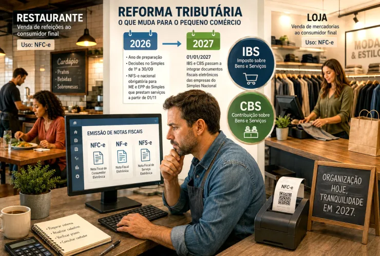 Pequeno comerciante prepara sistema de notas fiscais para as mudanças da reforma tributária em 2027.