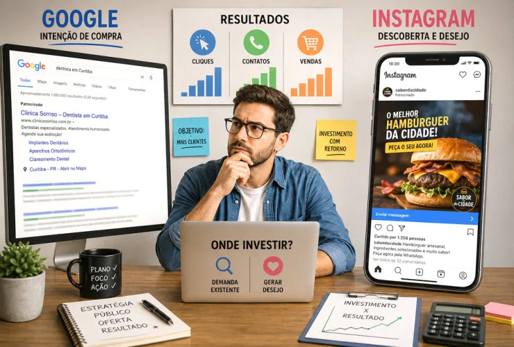 Pequeno empresário compara anúncios do Google e Instagram para decidir onde investir em publicidade.