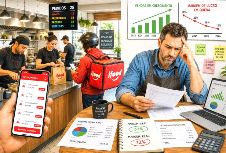 Empresário confere relatórios financeiros enquanto pedidos chegam pelo aplicativo de delivery em uma cozinha profissional.