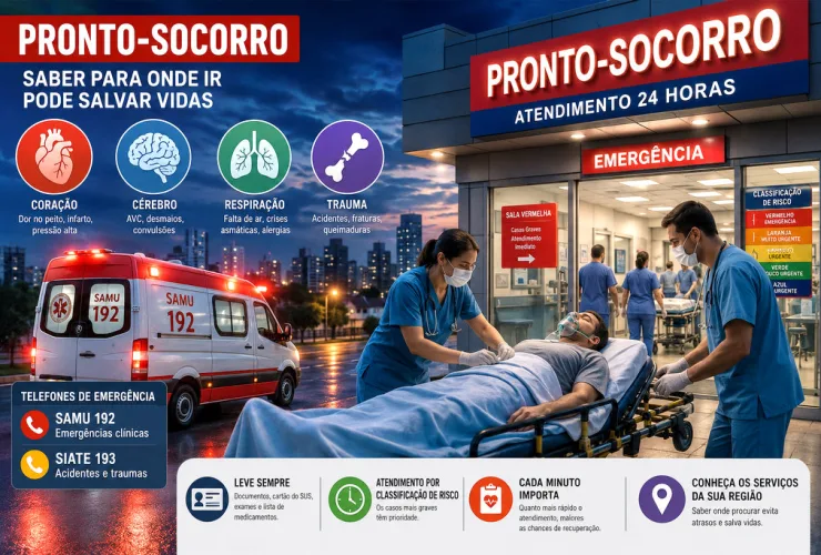 Equipe médica recebe paciente em um pronto-socorro com ambulância ao fundo e símbolos das principais emergências médicas.