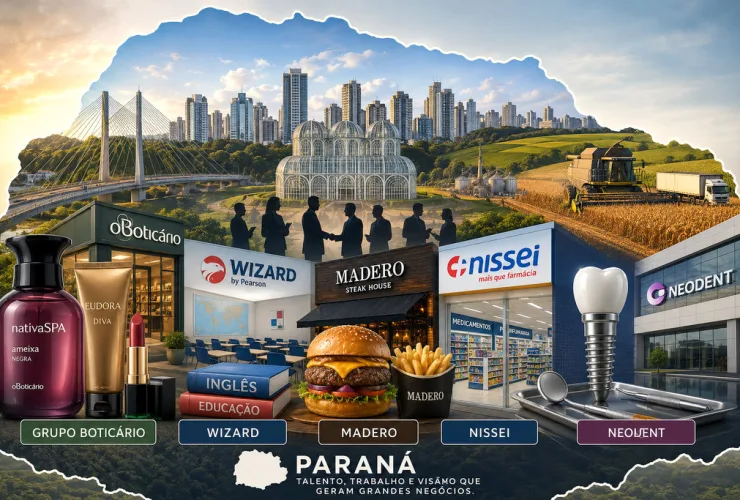 Ilustração editorial sobre bilionários paranaenses e empresas de beleza, educação, gastronomia, varejo farmacêutico e odontologia.