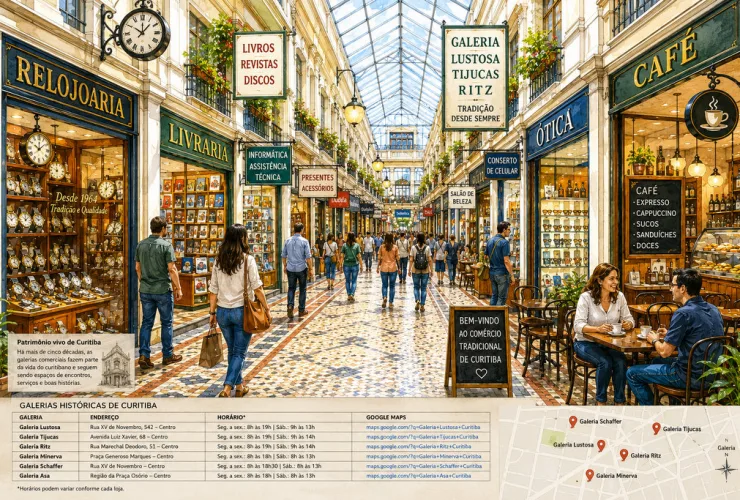 Interior de uma galeria histórica de Curitiba com lojas tradicionais, cafeterias, vitrines e grande circulação de pedestres.