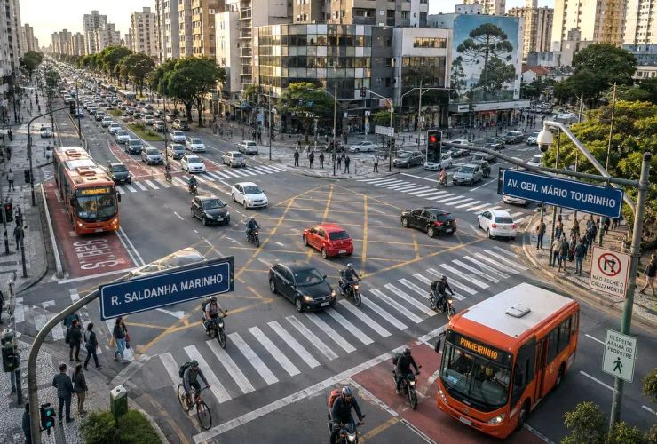 Cruzamento movimentado de Curitiba com carros, ônibus, motocicletas e pedestres no horário de pico.