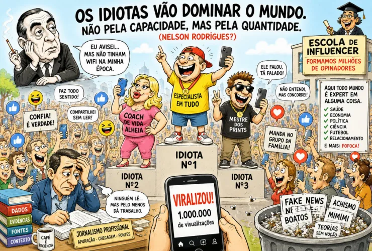 Ilustração sobre redes sociais, excesso de opiniões, influenciadores, desinformação e disputa pela atenção na internet.