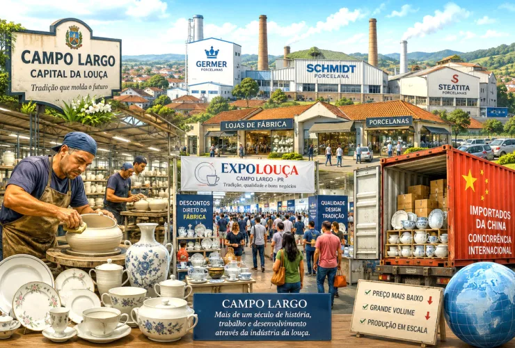 Vista ilustrada de Campo Largo com fábricas de porcelana, produção de louças, Expolouça e elementos que representam a concorrência das importações chinesas.