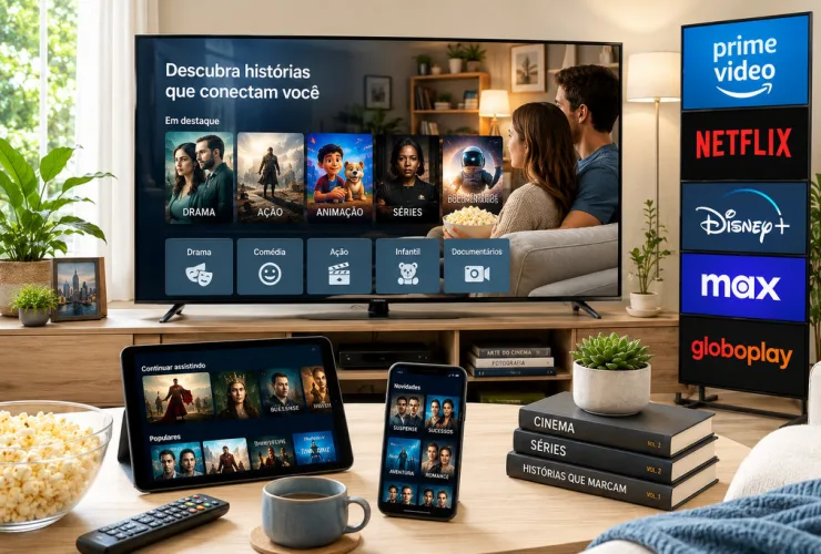 Televisão exibindo serviços de streaming de filmes disponíveis no Brasil em composição editorial