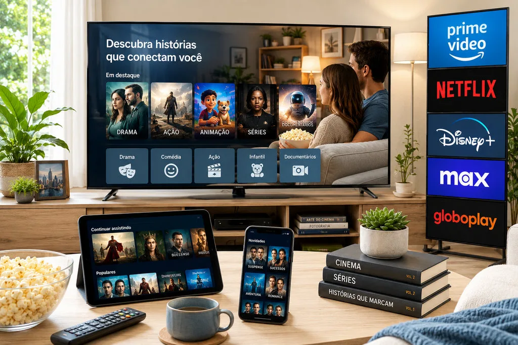 Televisão exibindo serviços de streaming de filmes disponíveis no Brasil em composição editorial