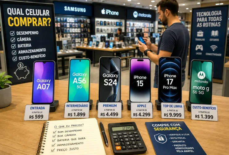 Smartphones Samsung, Apple e Motorola representando os celulares mais procurados pelos brasileiros em 2026
