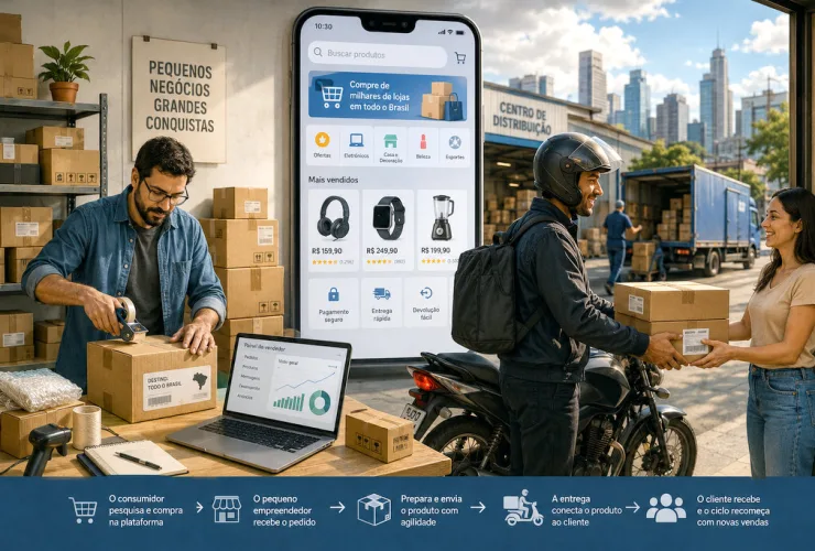 Entregador com caixas de encomendas em centro urbano representa a expansão dos marketplaces no Brasil